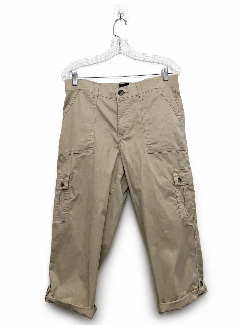 EUC WOMEN KHAKI LEE FLEX TO GO MID RISE RELAXED FIT CARGO CAPRI TWILL PANTS 10M